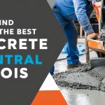 Text How to Find the Best Concrete in Central Illinois_. With concrete being poured in the background